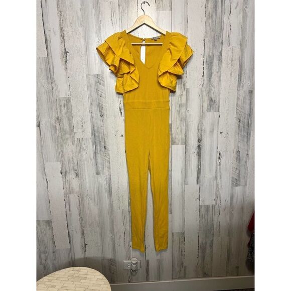 Haute Monde Mustard Yellow Ruffle Sleeve Jumpsuit | Women’s Small | Stretchy Rib - Picture 3 of 8